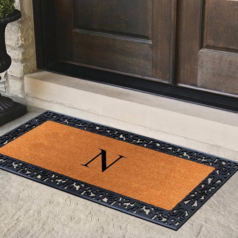 A1HC Rubber and Coir Paisley Border Heavy Duty Non-Slip Durable Double Door Monogrammed Doormat 30"X60", Black