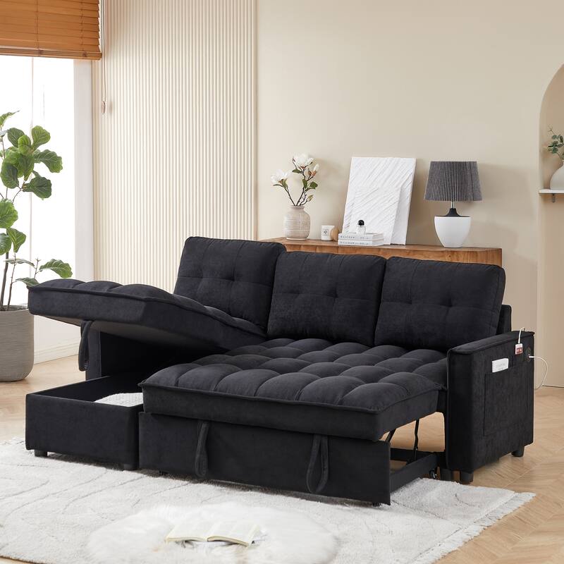 Futon Daybed Pull-Out Sofa Bed with USB and Tape-c, L-Shaped Sectional Sofa with Storage Chaise Lounge and Side Pocket
