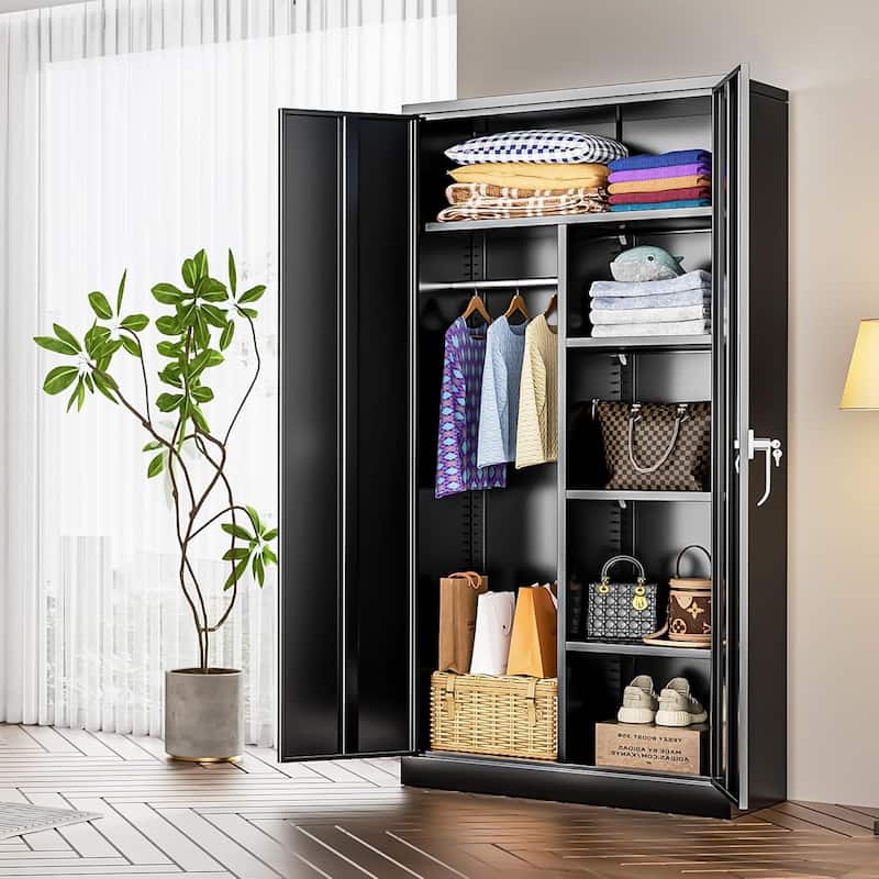 71'' - 72'' Tall Wardrobe Armoire Clothing Closet Storage Cabinet with Hanging Rod and Adjustable Shelves - 72‘’ H Black