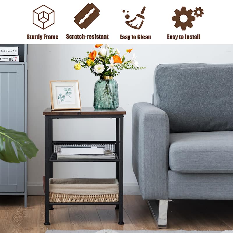 Costway 3-Tier Industrial End Side Table Nightstand W/2 Adjustable - 16'' x 16'' x 22''