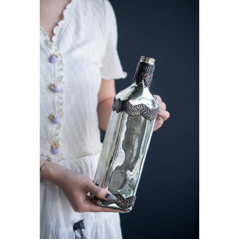 D3x12" Antique Silver Decorative Glass Bottle Vase with Bronze Leaf Accents