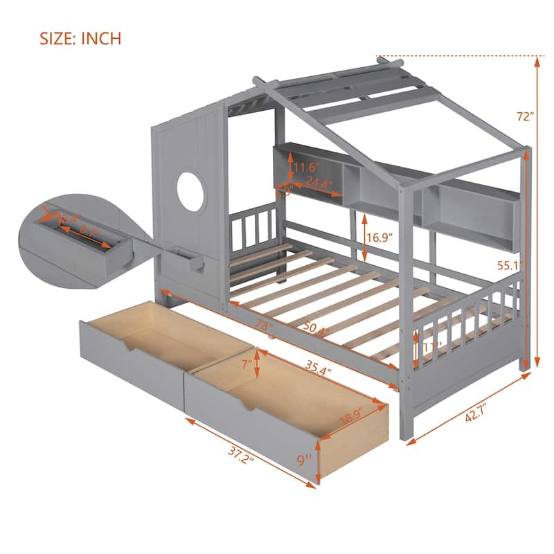 Kids Playhouse Bed Frame Wood Semi Enclosed House Bed with Storage Headboards & 2 Drawers, Roof Platform Bed, Wood Slat Support