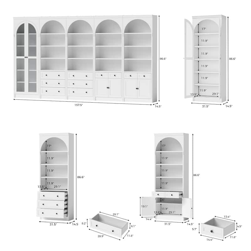 Modular White Bookcase with LED Lights & Glass Doors, 86.6" Tall Arched Display Cabinet Solid WoodStorage Cabinet
