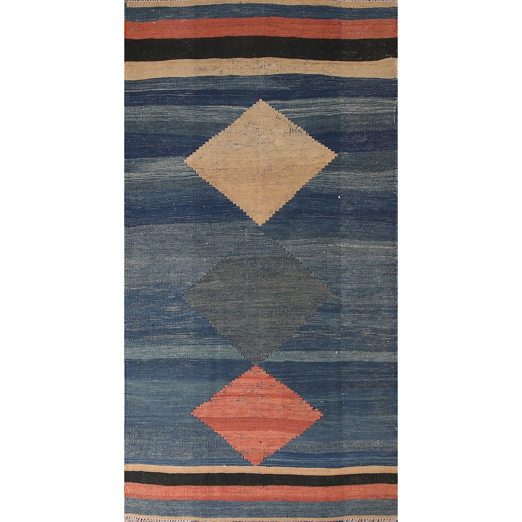 Blue Geometric Kilim Qashqai Persian Area Rug Flatweave Wool Carpet - 3'10" x 8'2"