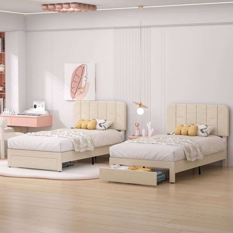 VECELO 2-Pack Kid Bed Frame Set Twin Size Platform Bed with Adjustable Upholstered Headboard Storage Drawer No Box Spring Needed - Beige