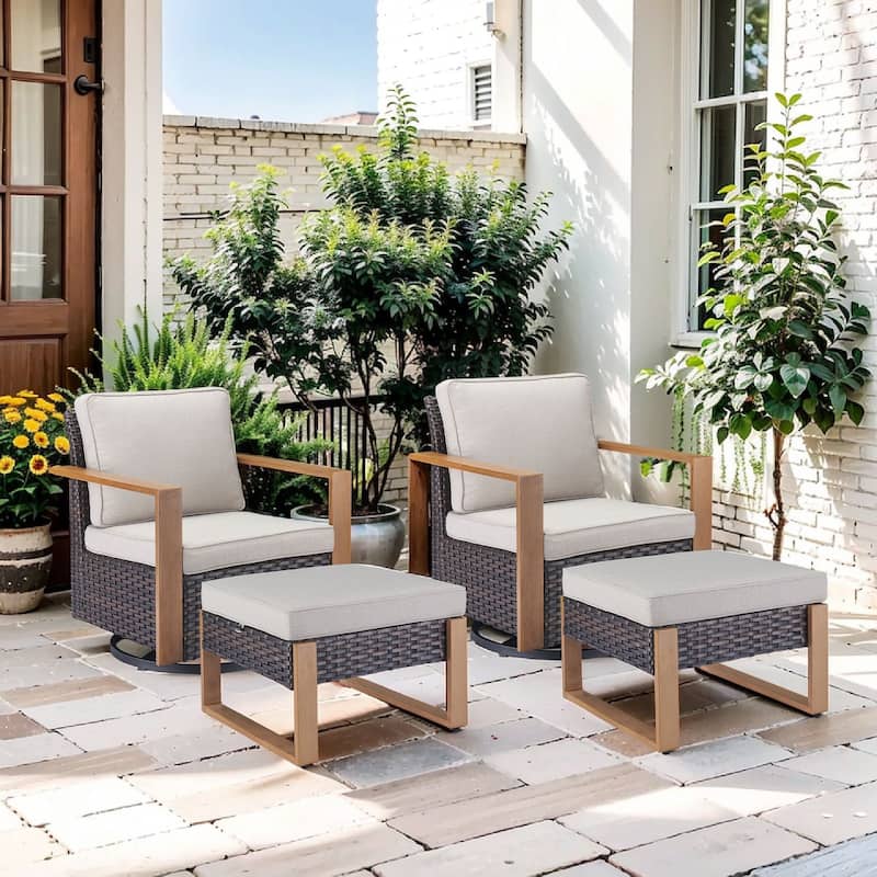 Pocassy 4 Pieces Outoor Patio Swivel Chair Ottoman Set - Beige cushion - Brown Wicker