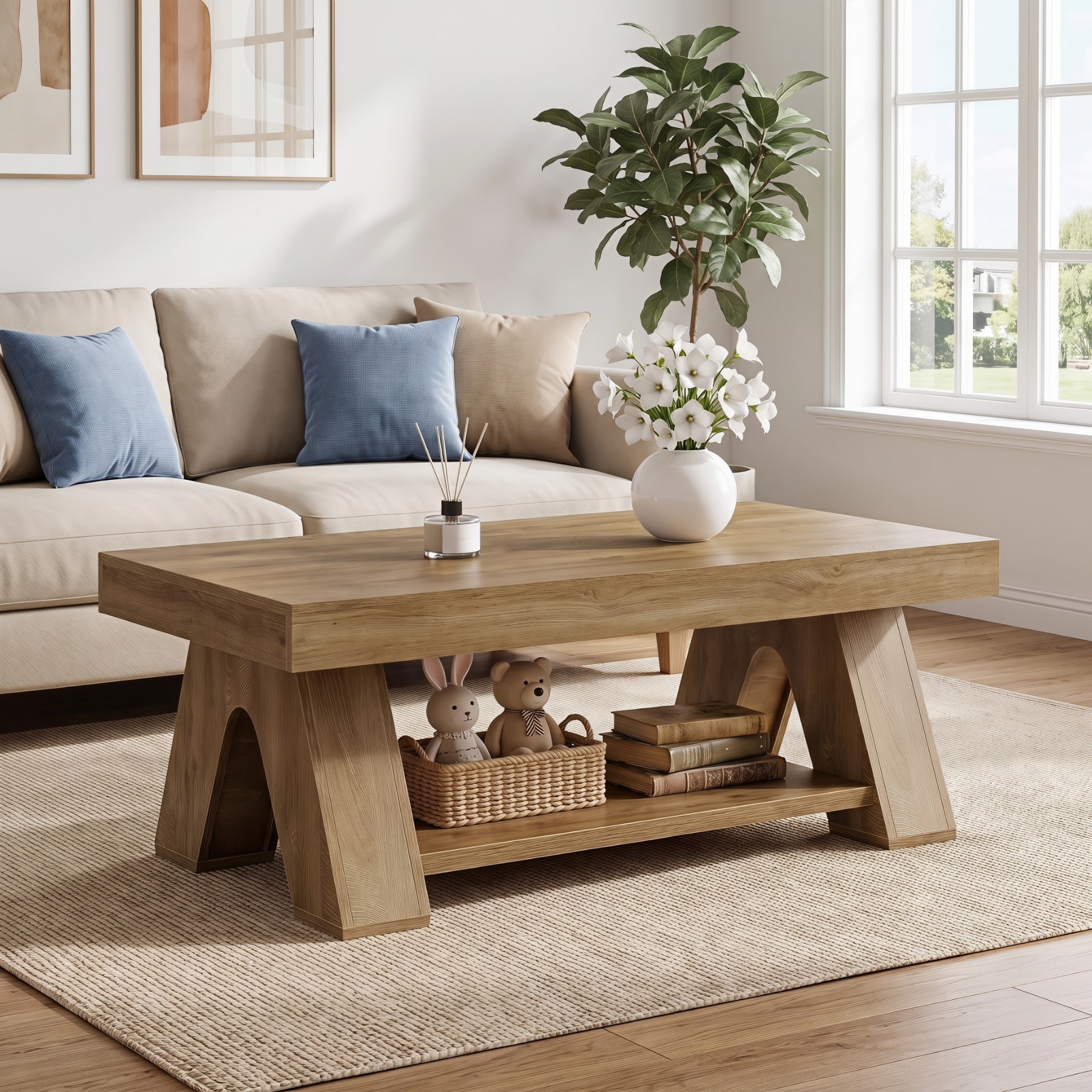 55.1-Inch Large Farmhouse Wooden Rectangle Coffee Table with Shelf