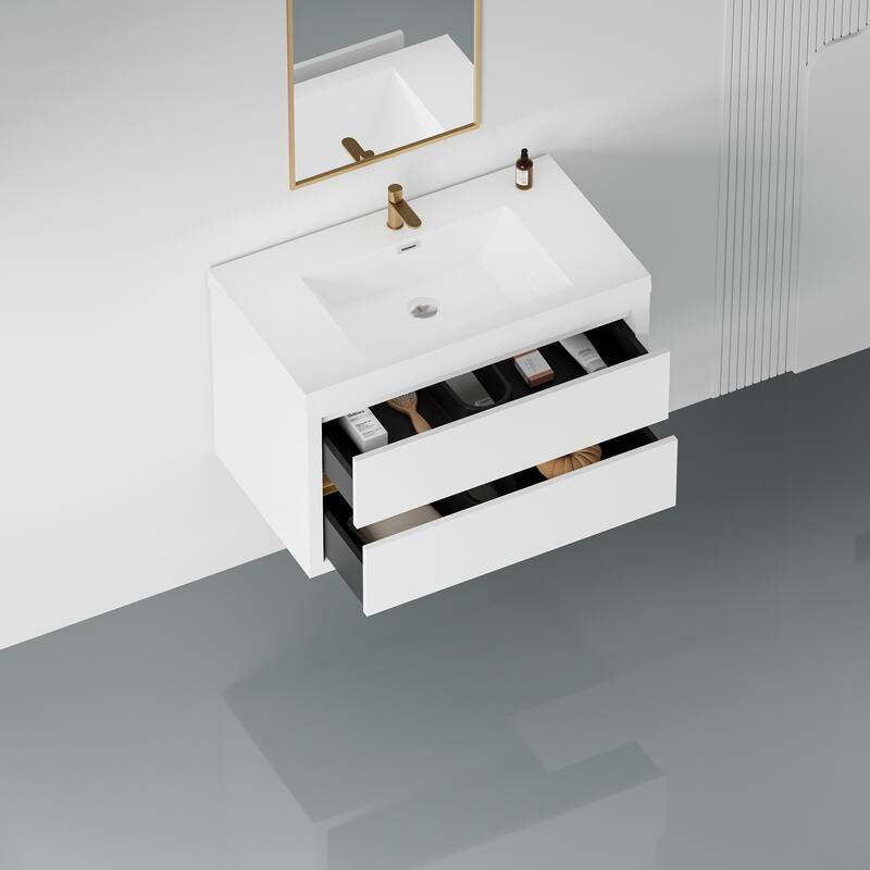 GDFStudio - Maxwell Floating Bathroom Vanity with Stone Resin Countertop & Soft-Close Drawers