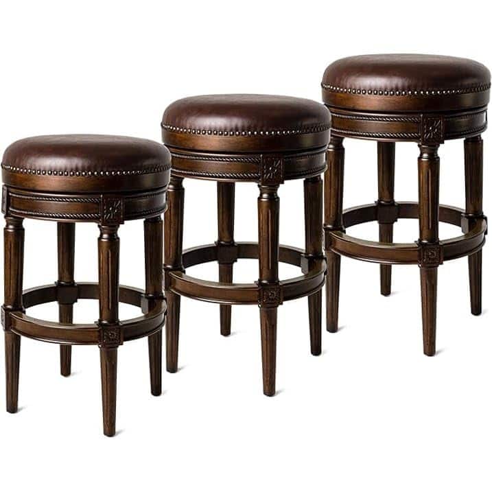 Maven Lane Pullman Backless Swivel Kitchen Stool - Set of 3 - Dark Walnut Vegan Leather - Bar Height