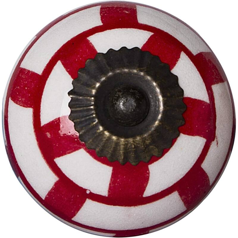 Set of 12 Round Red White Geometric Ceramic Cabinet Drawer Pulls Knobs with Copper Finish - 1.5” x 1.5” x 1.5”