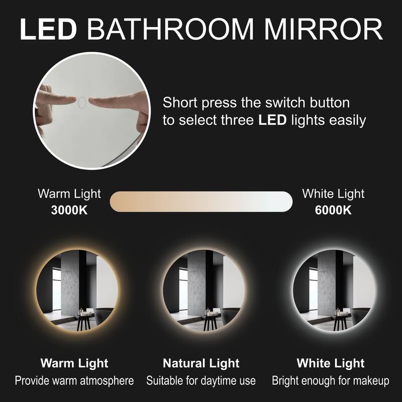 Round LED Bathroom Mirror 24 Inch Modern Wall Mounted Mirror with Three LED Lights Circle Mirror for Bathroom Vanity,Washroom