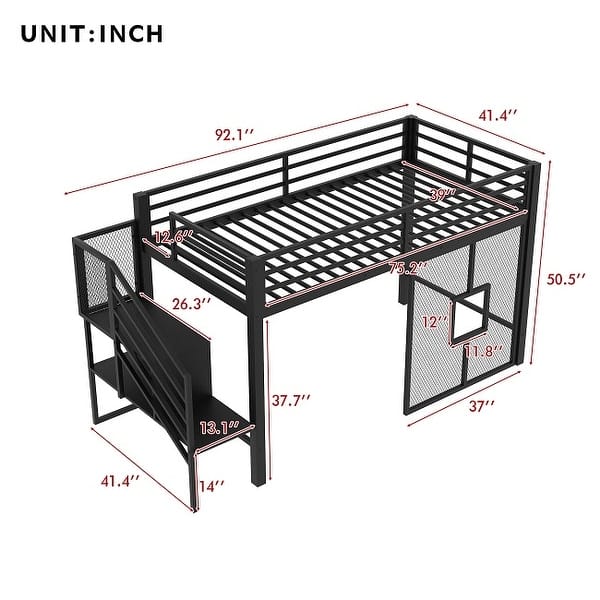 Metal Low Loft Bed Frame with Storage Staircase and Iron mesh