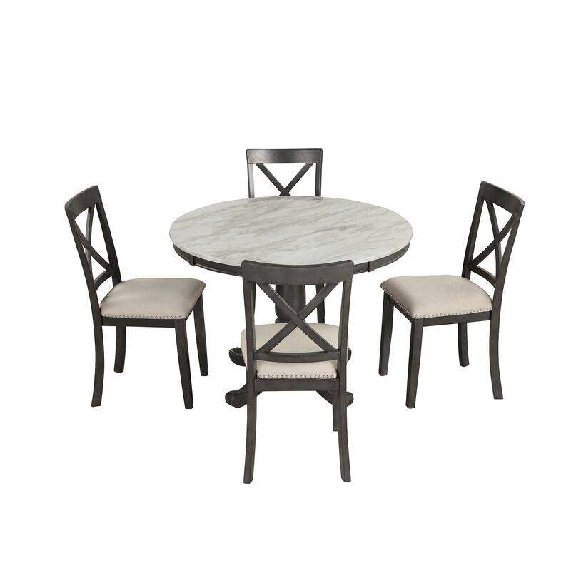 Stylish Round Wooden Dining Table with Four Wooden Chairs, 5-Piece Kitchen Table and Chair Set for Apartment