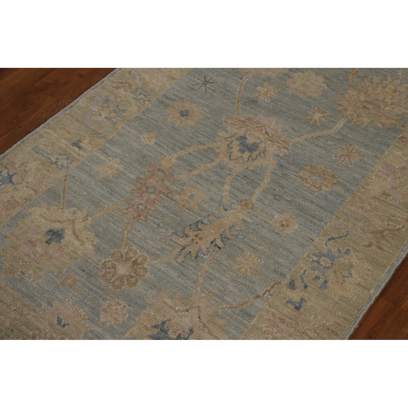 Vegetable Dye Blue Oushak Turkish Runner Rug Hand-Knotted Wool Carpet - 3'1" x 11'8"