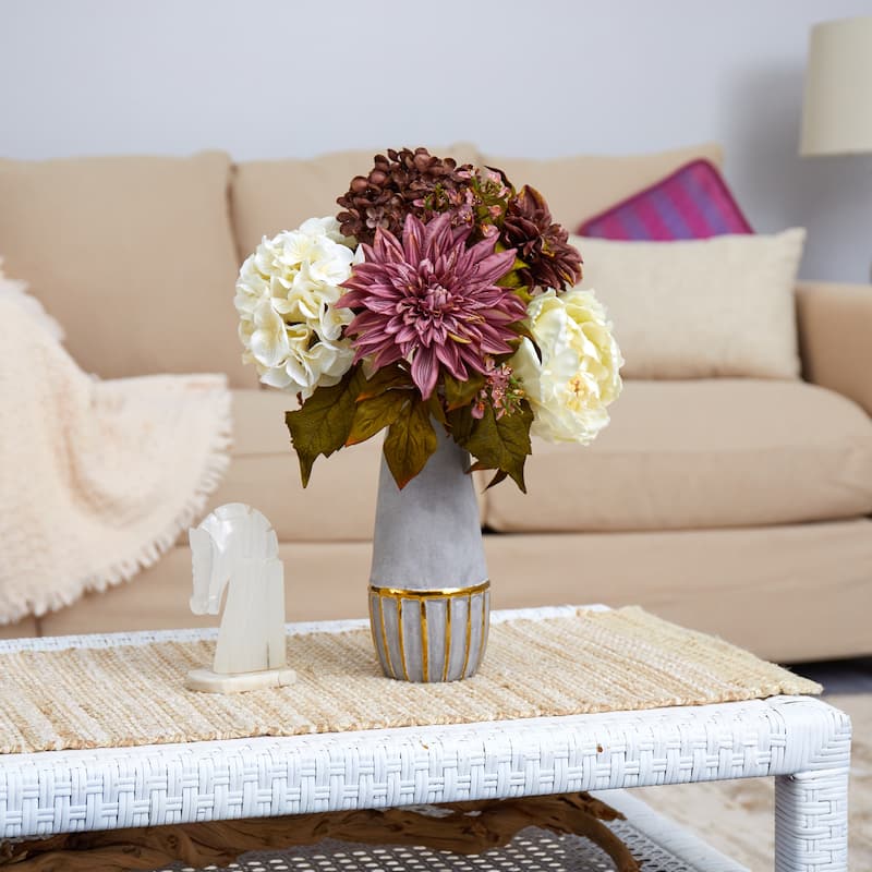 17" Peony, Hydrangea and Dahlia Arrangement in Stoneware Vase