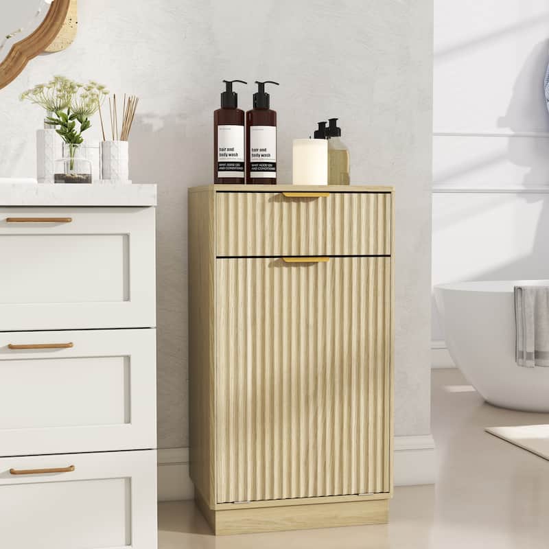 10-Gallon Woodgrain Tilt-Out Trash Can Cabinet with Wave-Textured Drawer & Pull-Out Bin - Multipurpose Kitchen/Bath Organizer