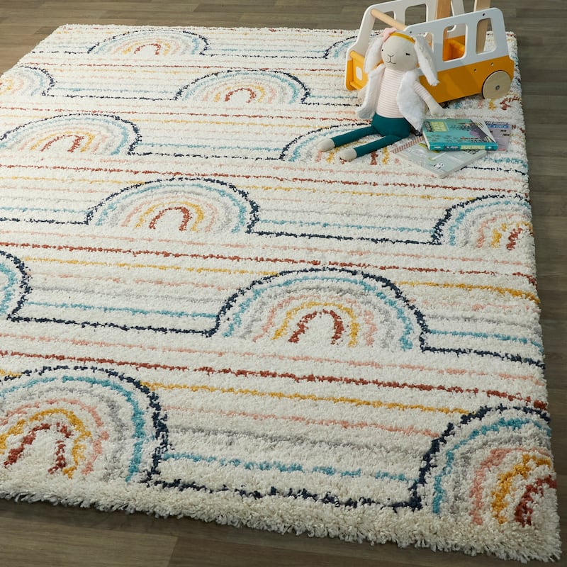Mod-Tod Hailey Kids Rainbow Print Shag Berber Area Rug - 5'3" x 7' - White
