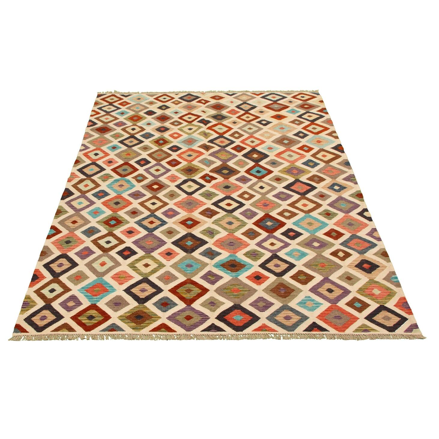 ECARPETGALLERY Flatweave Bold and Colorful Cream Wool Kilim 6'5 x 9