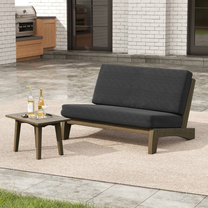 2-Piece Outdoor Teak Wood Loveseat Patio Set with Side Table - Dark Grey-Whole Cushion - Natural Frame