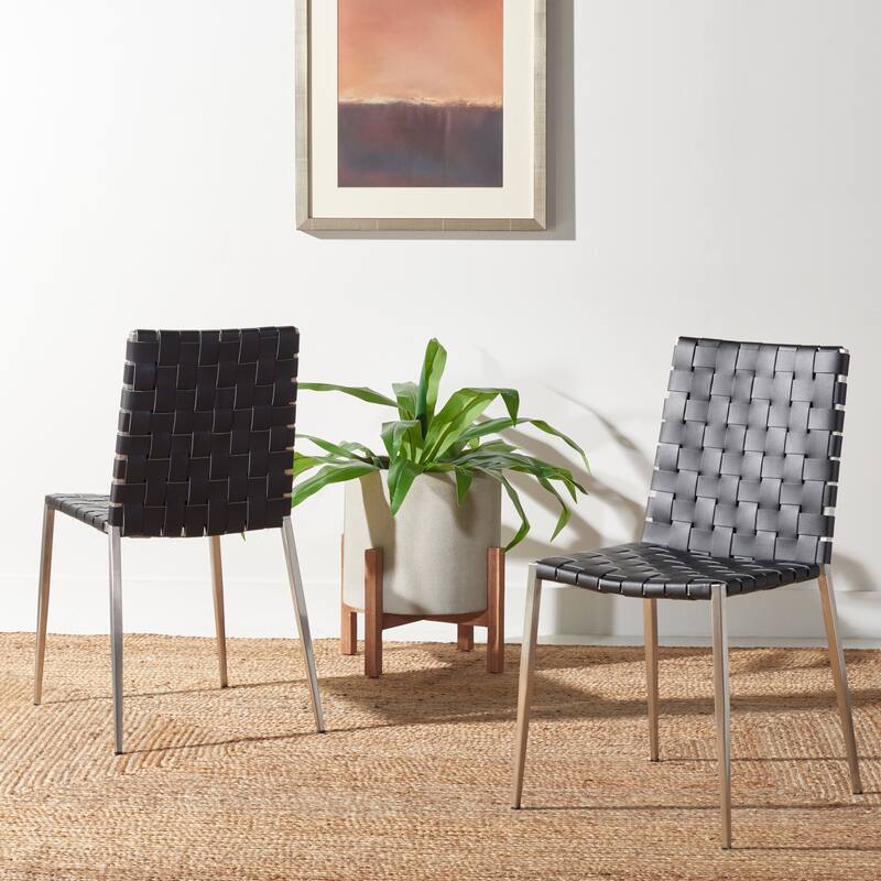 SAFAVIEH Monnie Woven Leather Dining Chair (Set of 2) - 15.8" W x 19.8" L x 33.5" H - 16Wx20Dx34H - Black/Silver