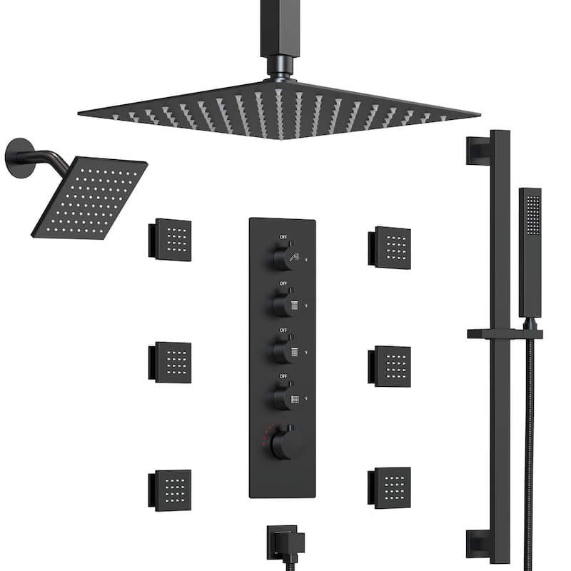 Thermostatic Rainfall Shower System with Handheld Spray, 16" & 6" Dual Shower Head and 6 Body Jets