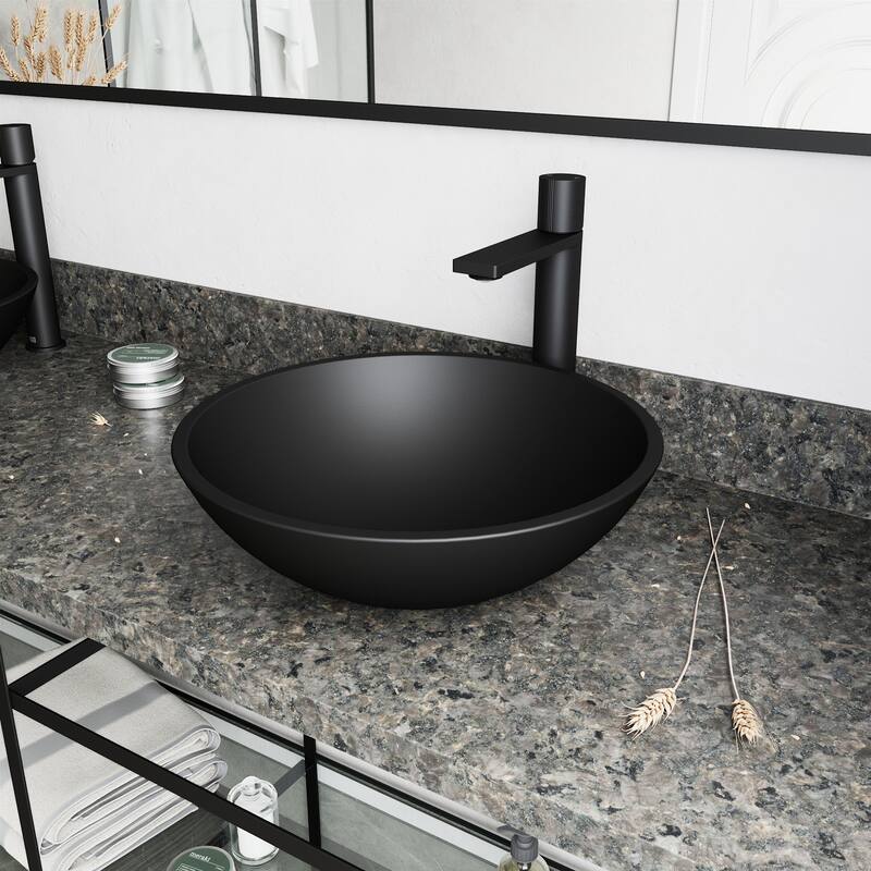 Vigo VGT2009 Cavalli 15" Circular Glass Vessel Bathroom Sink with 1.2 - Matte Black