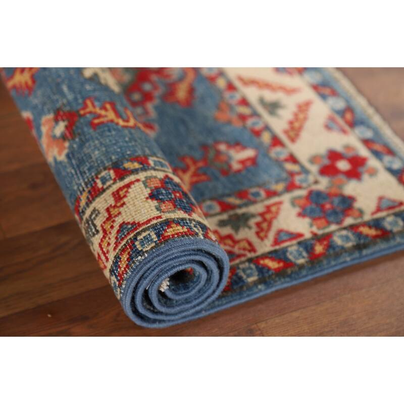 Blue Geometric Kazak Oriental Foyer Rug Handmade Wool Carpet - 2'1" x 2'10"