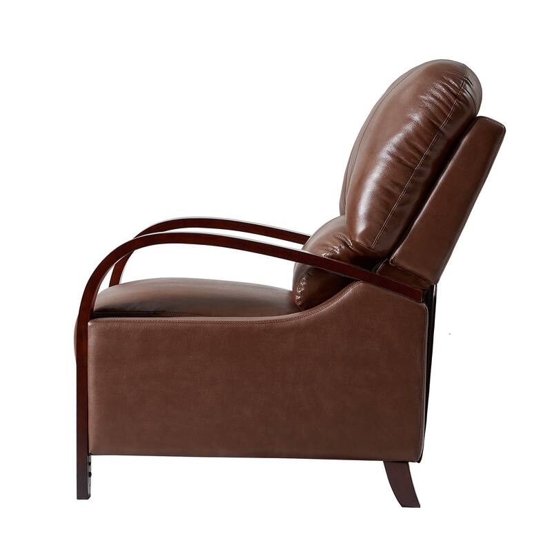 Alex Mid-century Modern Genuine Leather Manual Recliner with Wooden Curved Arms
