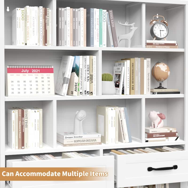 Rossetta 2-Door Modern Tall Metal Bookcase with Drawers and Fixed Open Shelves