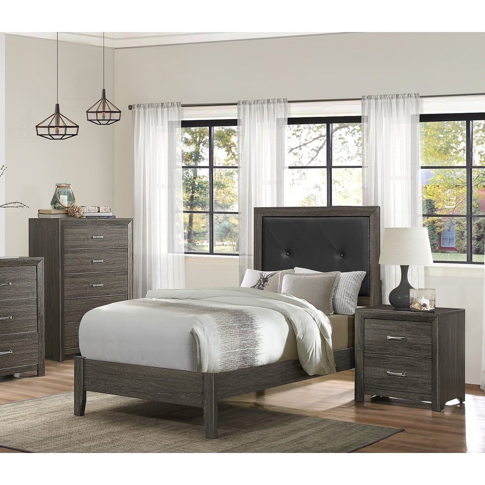 Contemporary Bedroom Set 3pc Bed Nightstand Chest Dark Gray Finish