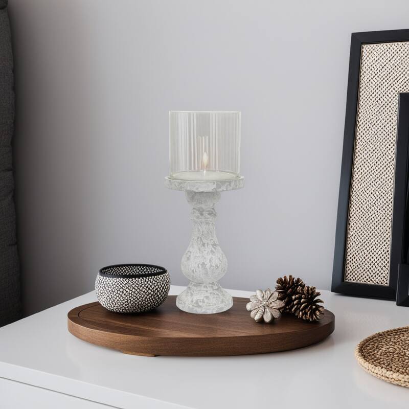 Kris Candle Holder with Hurricane Glass Top, White Gray Ceramic 7 Inch - White, Gray, Clear