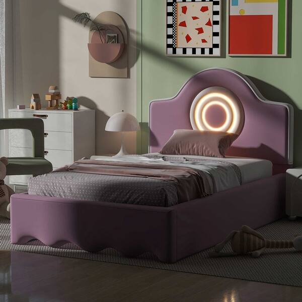 slide 2 of 22, Eye-Catching Upholstered Platform Bed with LED Headboard, Wood Bed Frame w/Wood Slats Support, Wave Design at The End of The Bed Pink - Twin
