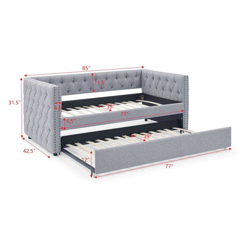 Twin Size Daybed with Twin Trundle Sofa Bed, with Button and Copper Nail on Square Arms, Grey