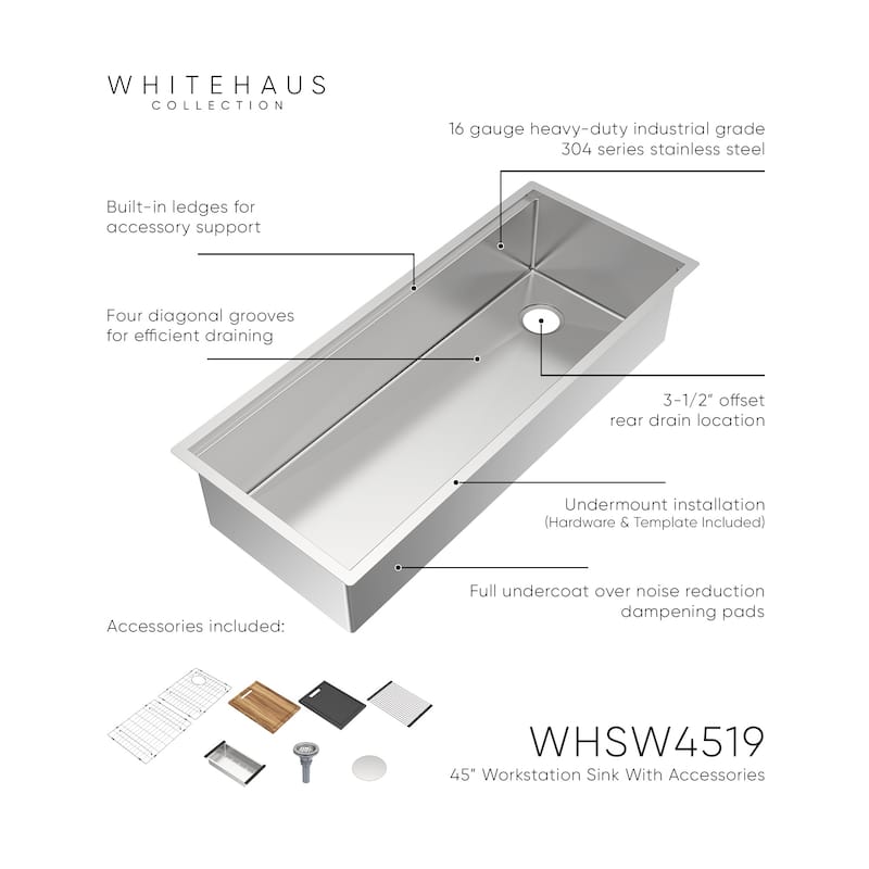 Whitehaus Undermount Single Bowl 16 Gauge Brushed Stainless Steel Workstation Sink With Accessories