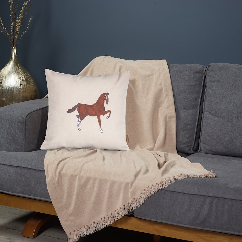 HomeRoots 18" X 18" Beige Horse Animal Print Zippered Handmade Polyester Throw Pillow With Embroidery