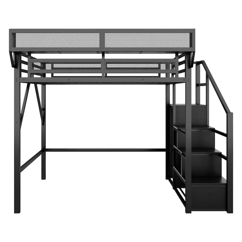 Full Size Black Loft Bed with Stairs Storage Shelves, High Loft Bed w/ Wardrobe
