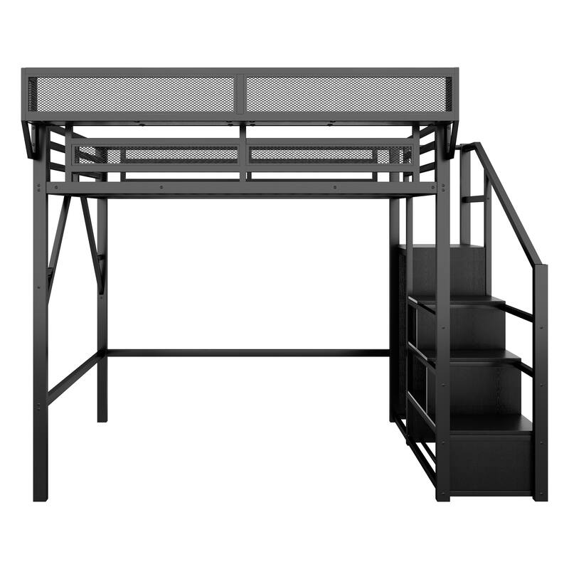 Full Size Loft Bed with Stairs, Metal Full Loft Bed with Storage Shelves, High Loft Bed with Wardrobe for Kids Teens