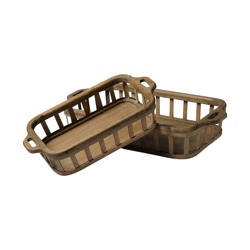 Louis Set of 2 Natural Wood Slated Nesting Trays - 27.6L x 14.0W x 4.9H - 27.6L x 14.0W x 4.9H - Natural
