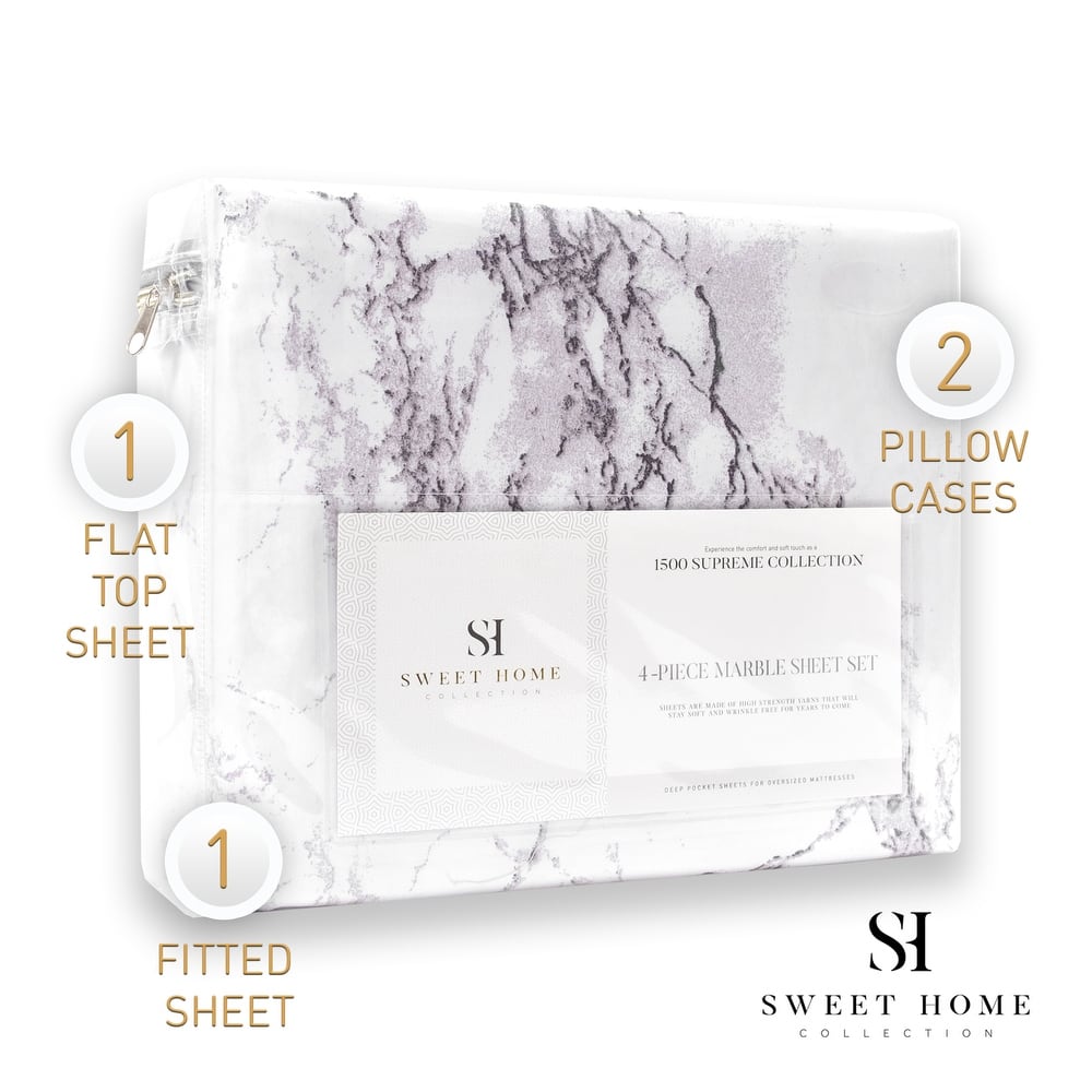 Sweet Home Collection Marble 4 Piece Printed Sheet Set, Double Brushed Microfiber
