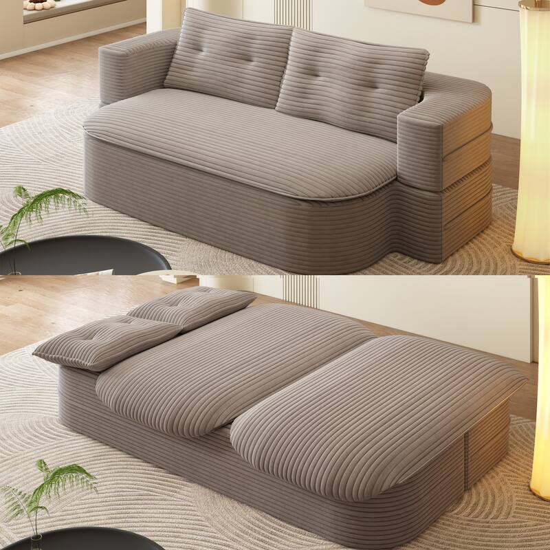 78.7" Corduroy Convertible Sofa Bed with 2 Pillows, Modern 2-in-1 Foldable Loveseat Couch, Deep Seat Floor Sleeper Sofa - Coffee