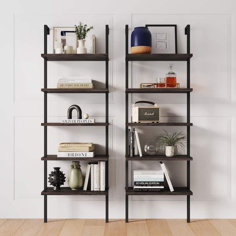 Nathan James Theo 5-Shelf Ladder Bookcase Wood with Metal Frame - Warm Walnut/Black Set of 2