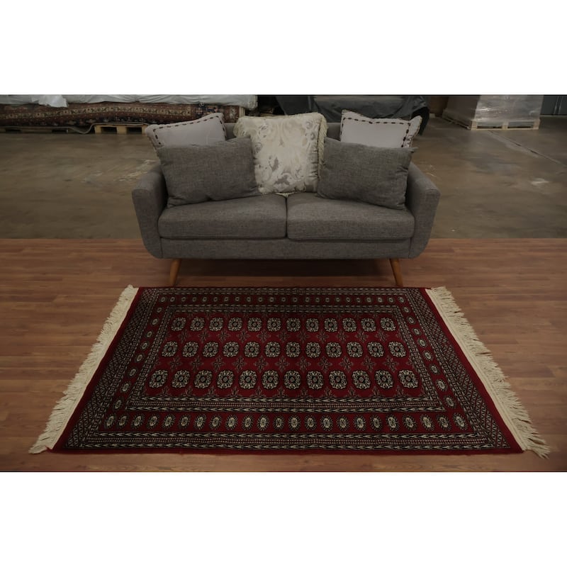 Hand Knotted Oriental 100% Wool Carpet Traditional Geometric Red Bokhara Area Rug - 5' 8'' X 4' 1''
