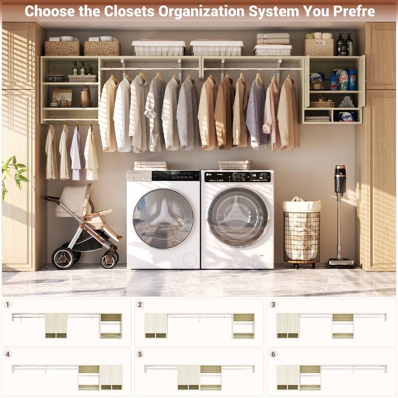 88.4'' - 117.8'' Closet System (Can Be Cut To Fit), Reversible Laundry Wall Cabinet with 3 Hanging Rods & Adjustable Shelves