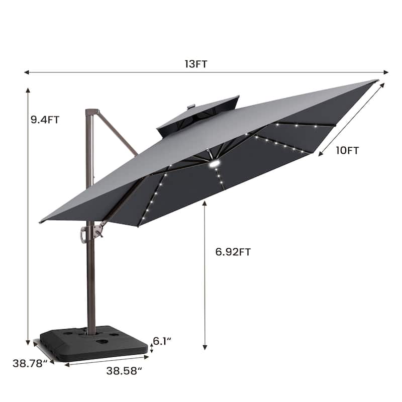 Pellebant 10x13 FT Outdoor Patio Double Top Cantilever Umbrella Solar LED Lighted with 4 Piece Square Offset Umbrella Base