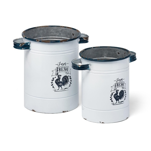 Set of 2 White Rustic Barrel-type Farm Fresh Pots with Handles 8.5” - N/A