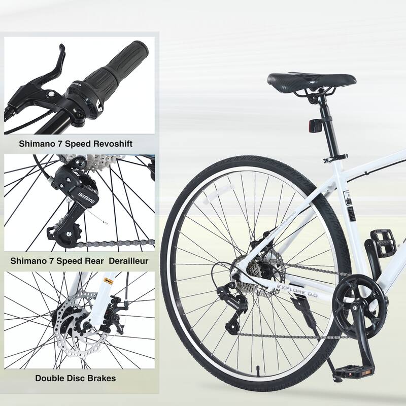 Shimano 7 Speed Hybrid Bike Double Disc Brakes 700C Road Bike,White