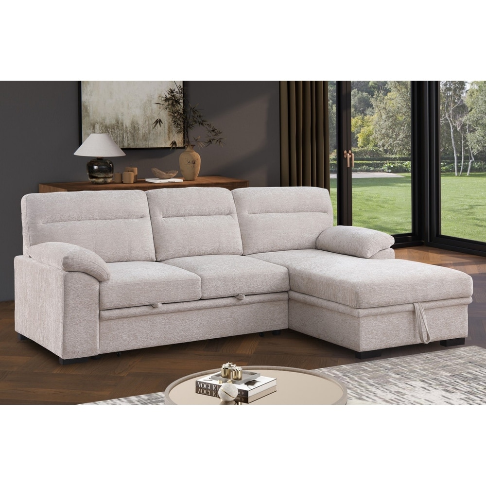 94'' Beige Chenille Fabric Sleeper Sectional Sofa with Left-Facing Storage Chaise