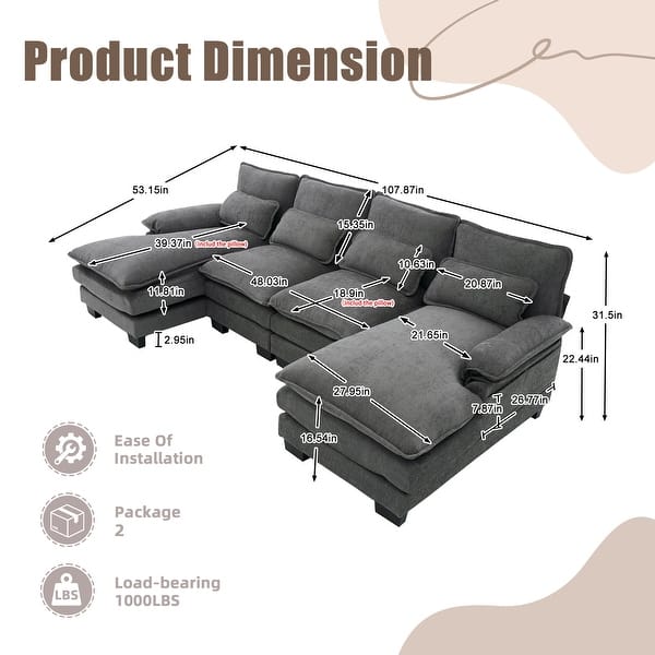 dimension image slide 5 of 7, HOMEFUN Chenille Upholstered U-Shaped Modular Wood Frame Sleeper Sectional Sofa with Double Chaise