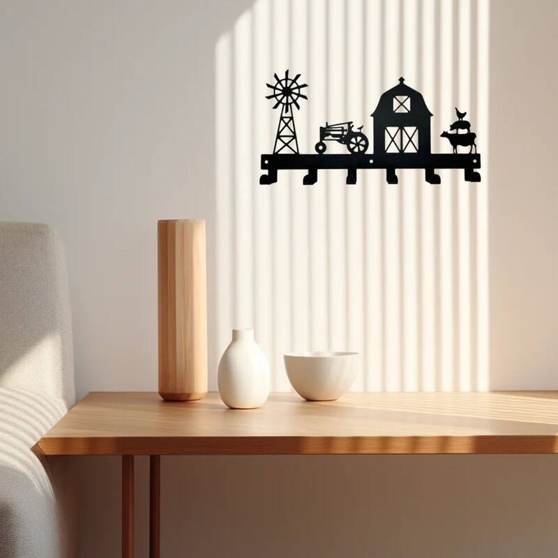 Black Metal Wall-Mounted Towel Hook Rack 6 Hooks Space-Saving Bathroom Storage Organizer - 11.57”L x 6.02”H