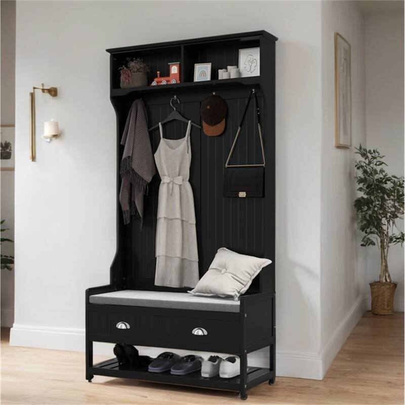 3-in-1 Coat Rack with Shoe Rack, 2 Drawers, 4 Hooks and Seat Cushions